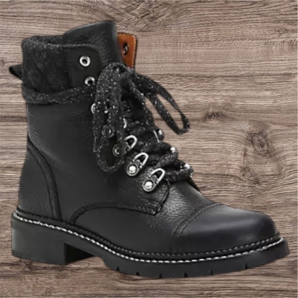 ✨NEW In BOX FRYE Samantha Hiker Black Leather Lace-up Lug Sole 8.5 boots - Picture 2 of 9